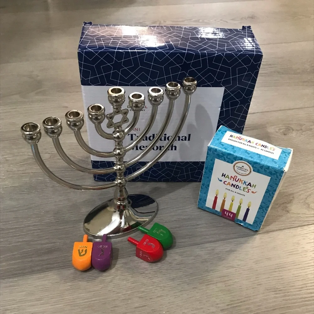 The Dreidel Company Hanukah Menorah, 44 Colored Candles, 4 Mini Dreidels & Gelt